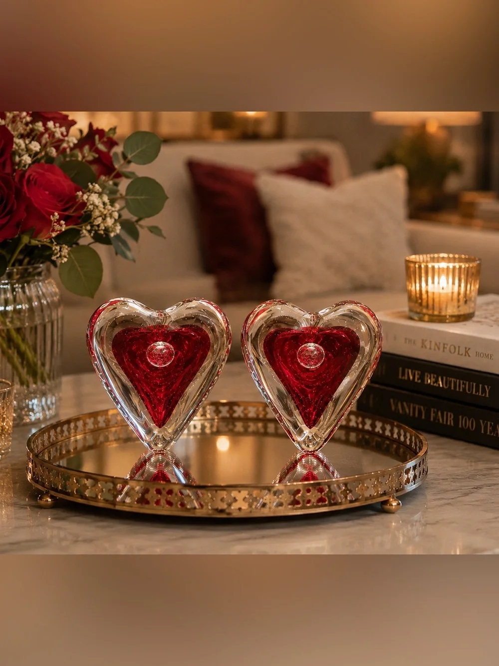 Decorative Red Glass Heart Pair - Elegant Home Accent